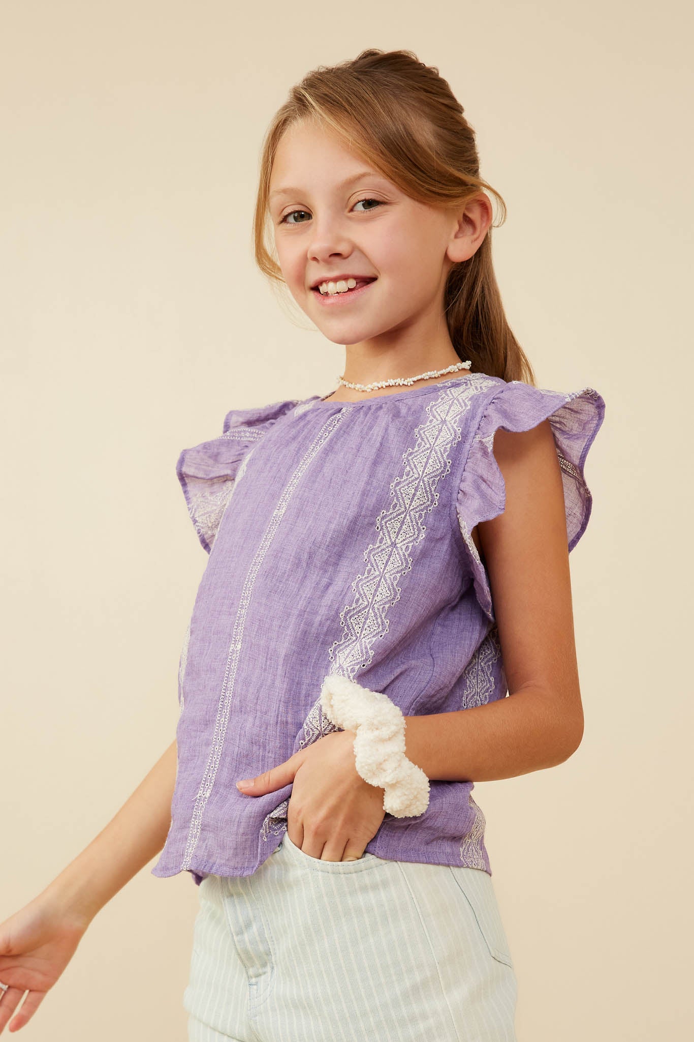 GY9178 Lavender Girls Eyelet Embroidered Ruffled Detail Tank Side