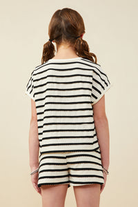 GY9179 Black Girls Ruffle Textured Stripe Knit Dolman Top Back