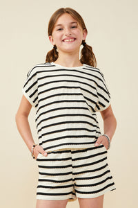 GY9179 Black Girls Ruffle Textured Stripe Knit Dolman Top Front 2