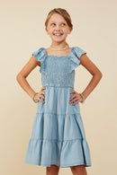GY9180 Light Denim Girls Smocked Detail Ruffled Sleeveless Tencel Dress Front