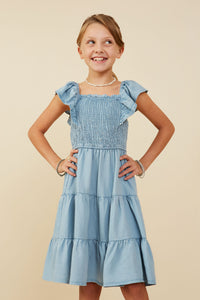 GY9180 Light Denim Girls Smocked Detail Ruffled Sleeveless Tencel Dress Front