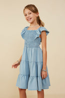 GY9180 Light Denim Girls Smocked Detail Ruffled Sleeveless Tencel Dress Side