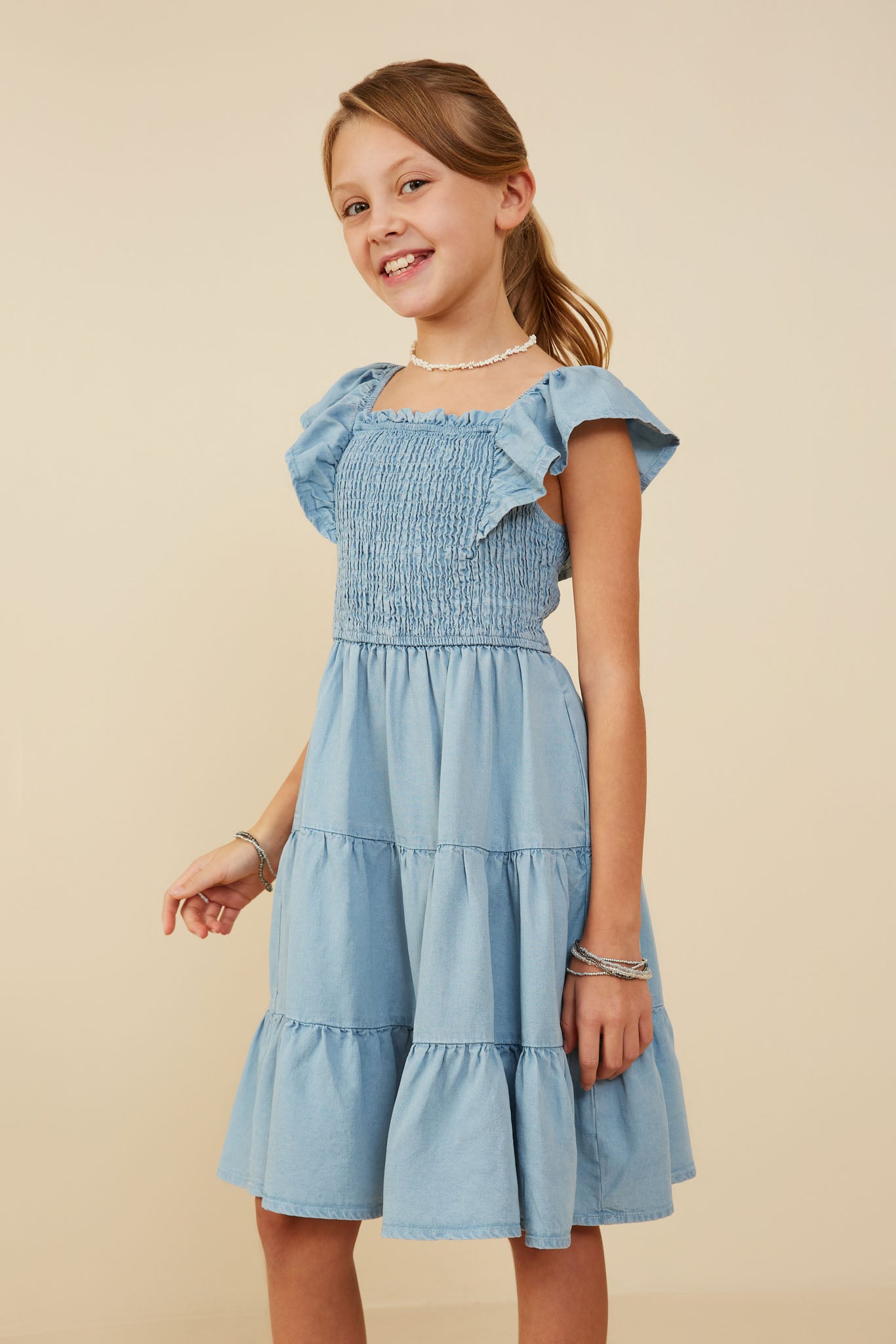 GY9180 Light Denim Girls Smocked Detail Ruffled Sleeveless Tencel Dress Side