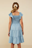 GY9180 Light Denim Girls Smocked Detail Ruffled Sleeveless Tencel Dress Back