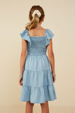GY9180 Light Denim Girls Smocked Detail Ruffled Sleeveless Tencel Dress Back