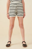 GY9181 Black Girls Elastic Waist Ruffle Textured Stripe Knit Shorts Front