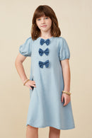 GY9182 Light Denim Girls Contrast Bow Detail Puff Sleeve Tencel Dress Front