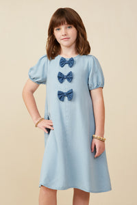 GY9182 Light Denim Girls Contrast Bow Detail Puff Sleeve Tencel Dress Front