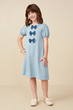GY9182 Light Denim Girls Contrast Bow Detail Puff Sleeve Tencel Dress Pose