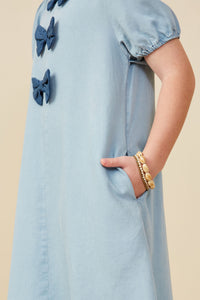 GY9182 Light Denim Girls Contrast Bow Detail Puff Sleeve Tencel Dress Detail