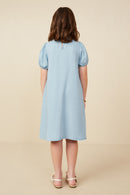 GY9182 Light Denim Girls Contrast Bow Detail Puff Sleeve Tencel Dress Back