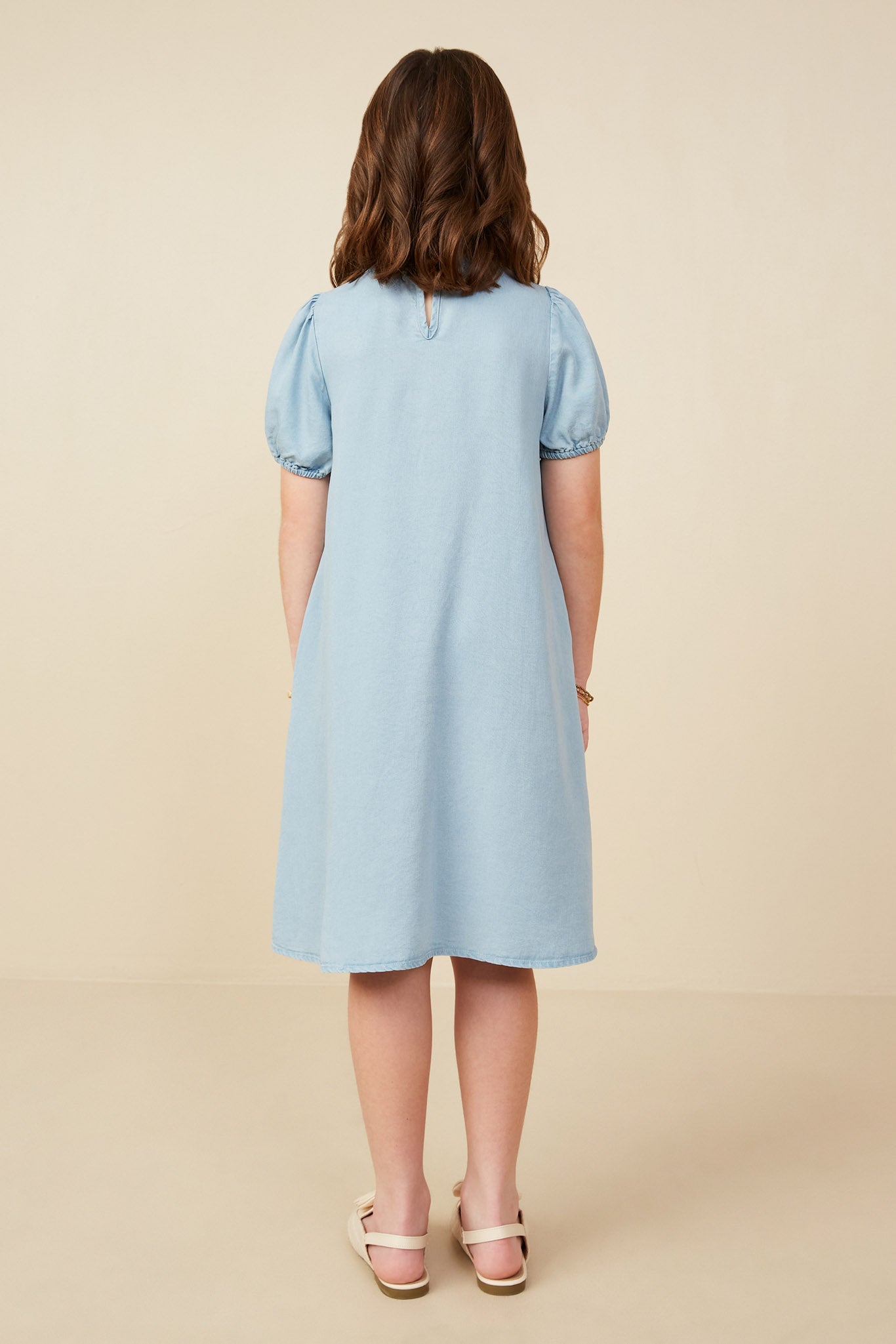 GY9182 Light Denim Girls Contrast Bow Detail Puff Sleeve Tencel Dress Back