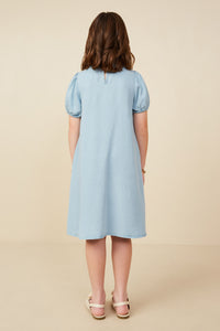 GY9182 Light Denim Girls Contrast Bow Detail Puff Sleeve Tencel Dress Back