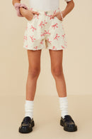 GY9184 Ivory Girls Bow Printed Distressed Denim Shorts Front