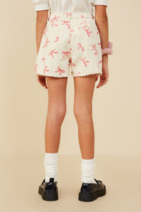 GY9184 Ivory Girls Bow Printed Distressed Denim Shorts Back