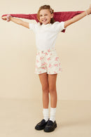 GY9184 Ivory Girls Bow Printed Distressed Denim Shorts Pose