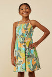 GY9190 Green Girls Foliage Print Smocked Detail Tank Dress Front