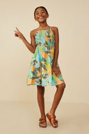 GY9190 Green Girls Foliage Print Smocked Detail Tank Dress Pose