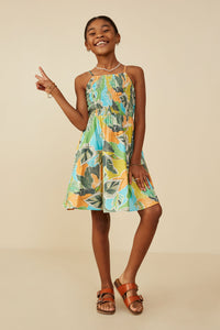 GY9190 Green Girls Foliage Print Smocked Detail Tank Dress Pose