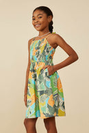 GY9190 Green Girls Foliage Print Smocked Detail Tank Dress Side