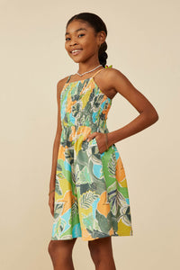 GY9190 Green Girls Foliage Print Smocked Detail Tank Dress Side