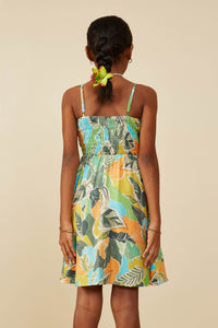 GY9190 Green Girls Foliage Print Smocked Detail Tank Dress Back
