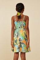 GY9190 Green Girls Foliage Print Smocked Detail Tank Dress Back
