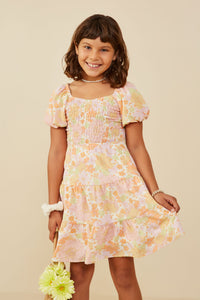 GY9191 Pink Girls Textured Floral Smocked Detail Puff Sleeve Dress Front