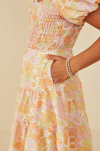 GY9191 Pink Girls Textured Floral Smocked Detail Puff Sleeve Dress Detail