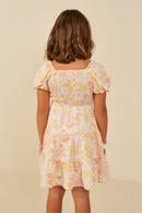 GY9191 Pink Girls Textured Floral Smocked Detail Puff Sleeve Dress Back