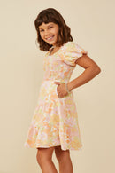 GY9191 Pink Girls Textured Floral Smocked Detail Puff Sleeve Dress Side