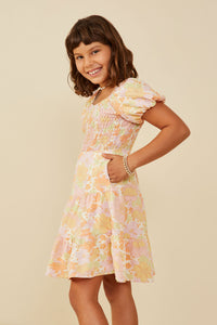 GY9191 Pink Girls Textured Floral Smocked Detail Puff Sleeve Dress Side