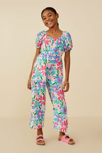 GY9193 Pink Mix Girls Textured Floral Puff Sleeve Jumpsuit Pose