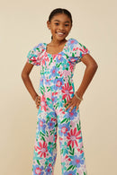 GY9193 Pink Mix Girls Textured Floral Puff Sleeve Jumpsuit Front