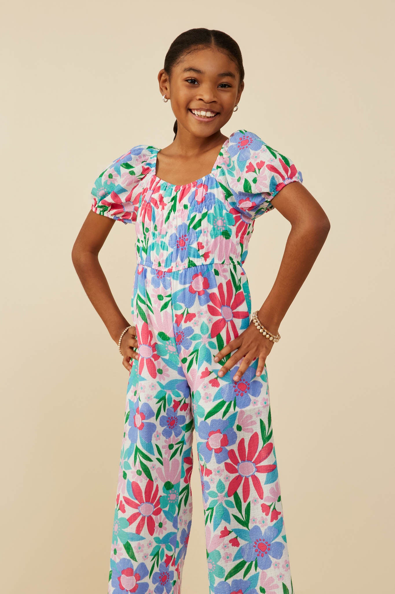 Textured Floral Puff Sleeve Jumpsuit