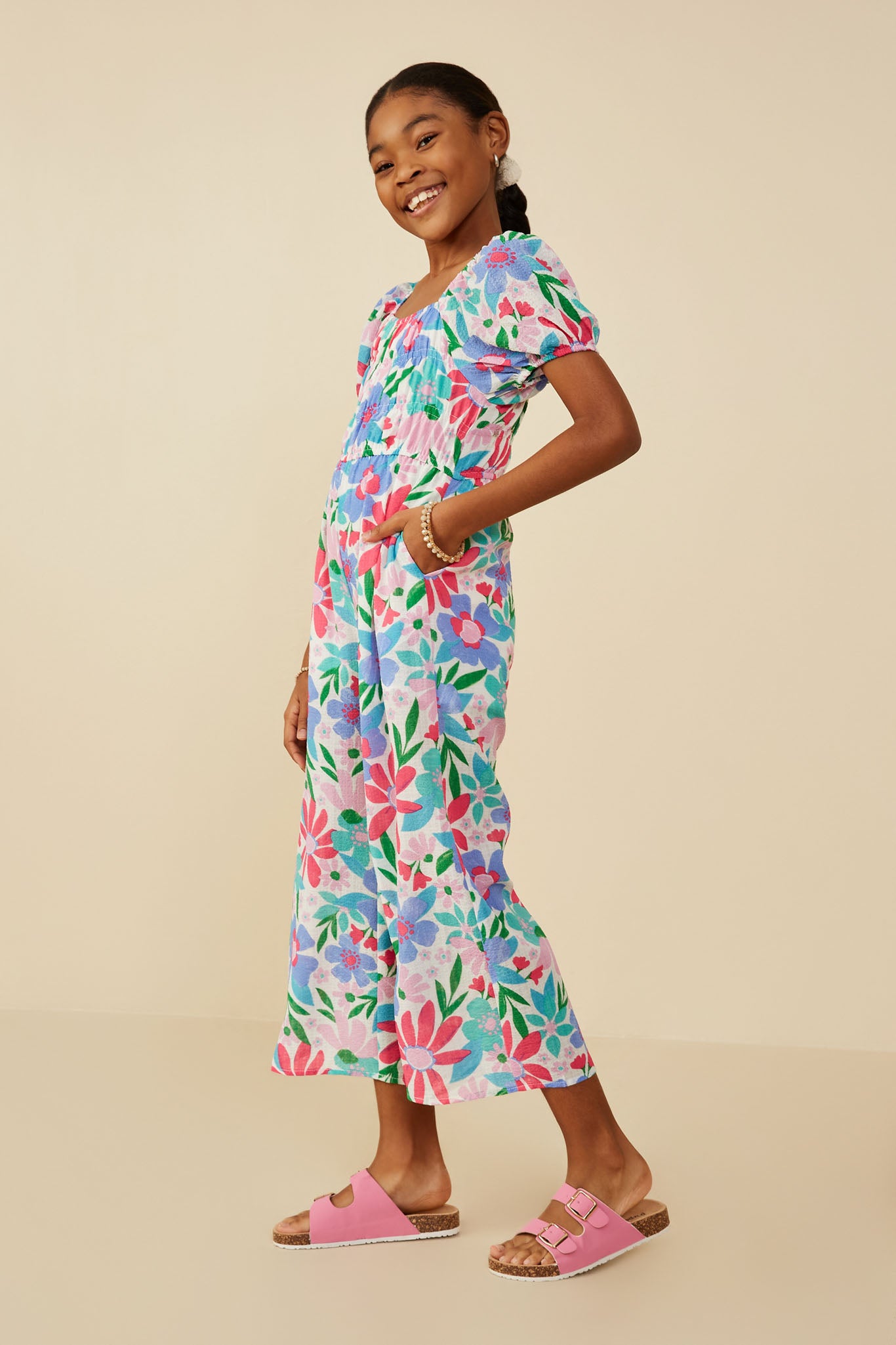 GY9193 Pink Mix Girls Textured Floral Puff Sleeve Jumpsuit Side