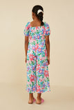 GY9193 Pink Mix Girls Textured Floral Puff Sleeve Jumpsuit Back