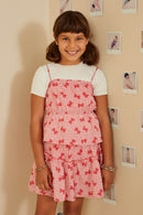 GY9194 Pink Girls Bow Print Seersucker Peplum Tank Front