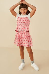GY9194 Pink Girls Bow Print Seersucker Peplum Tank Pose
