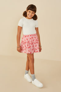 GY9195 Pink Girls Bow Print Seersucker Ruffled Skirt Pose
