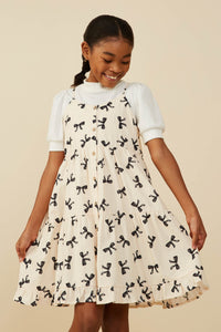 GY9196 Ivory Girls Bow Print Button Detail Tiered Tank Dress Front