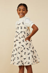 GY9196 Ivory Girls Bow Print Button Detail Tiered Tank Dress Side