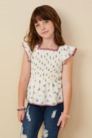 GY9198 Off White Girls Contrast Piped Smocked Ditsy Floral Top Front