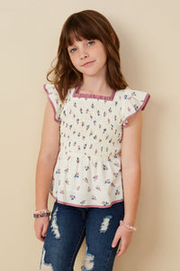 GY9198 Off White Girls Contrast Piped Smocked Ditsy Floral Top Front