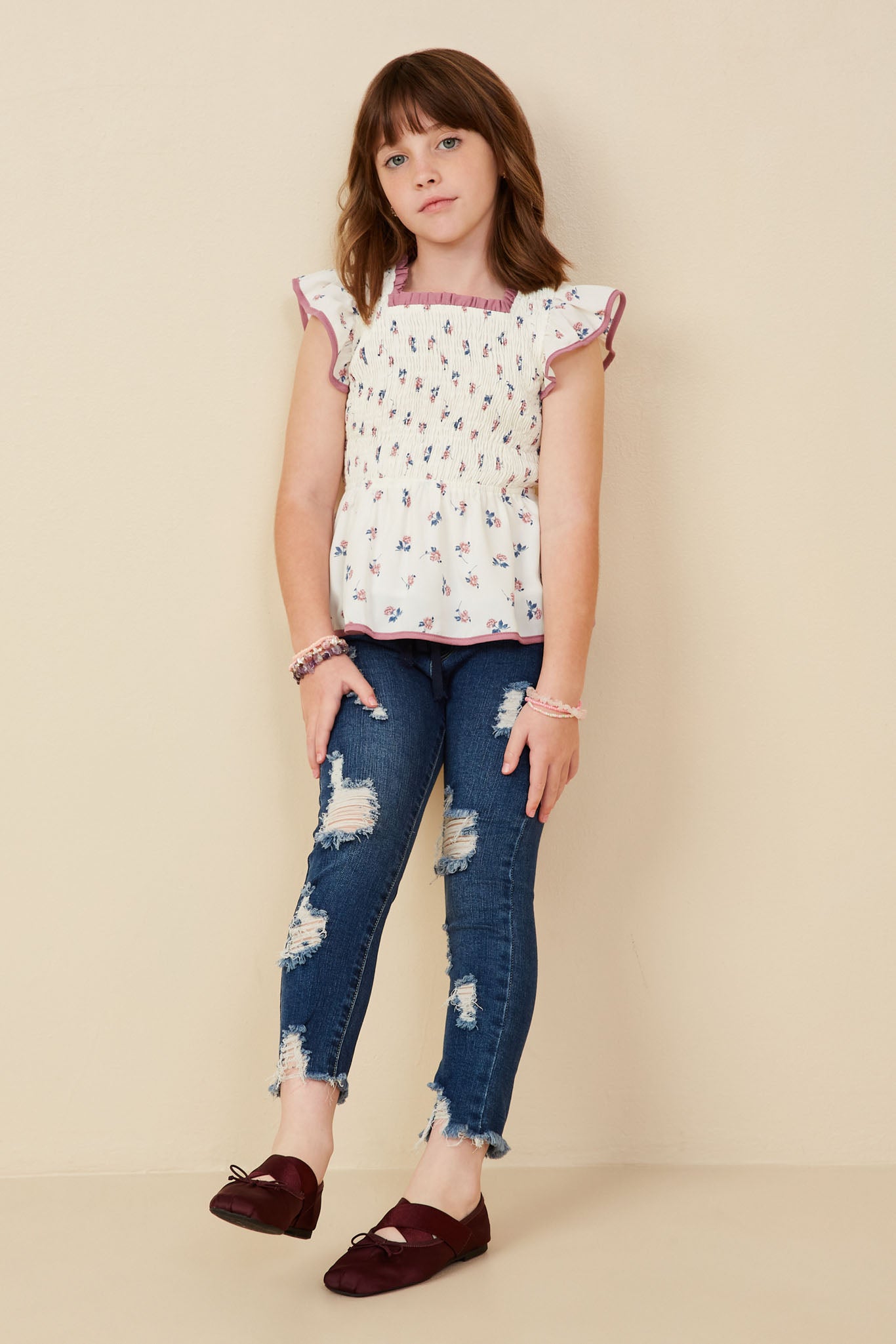 Contrast Piped Smocked Ditsy Floral Top