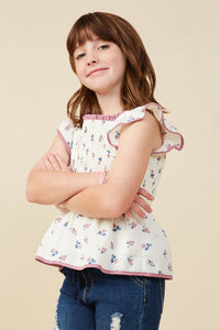 GY9198 Off White Girls Contrast Piped Smocked Ditsy Floral Top Side