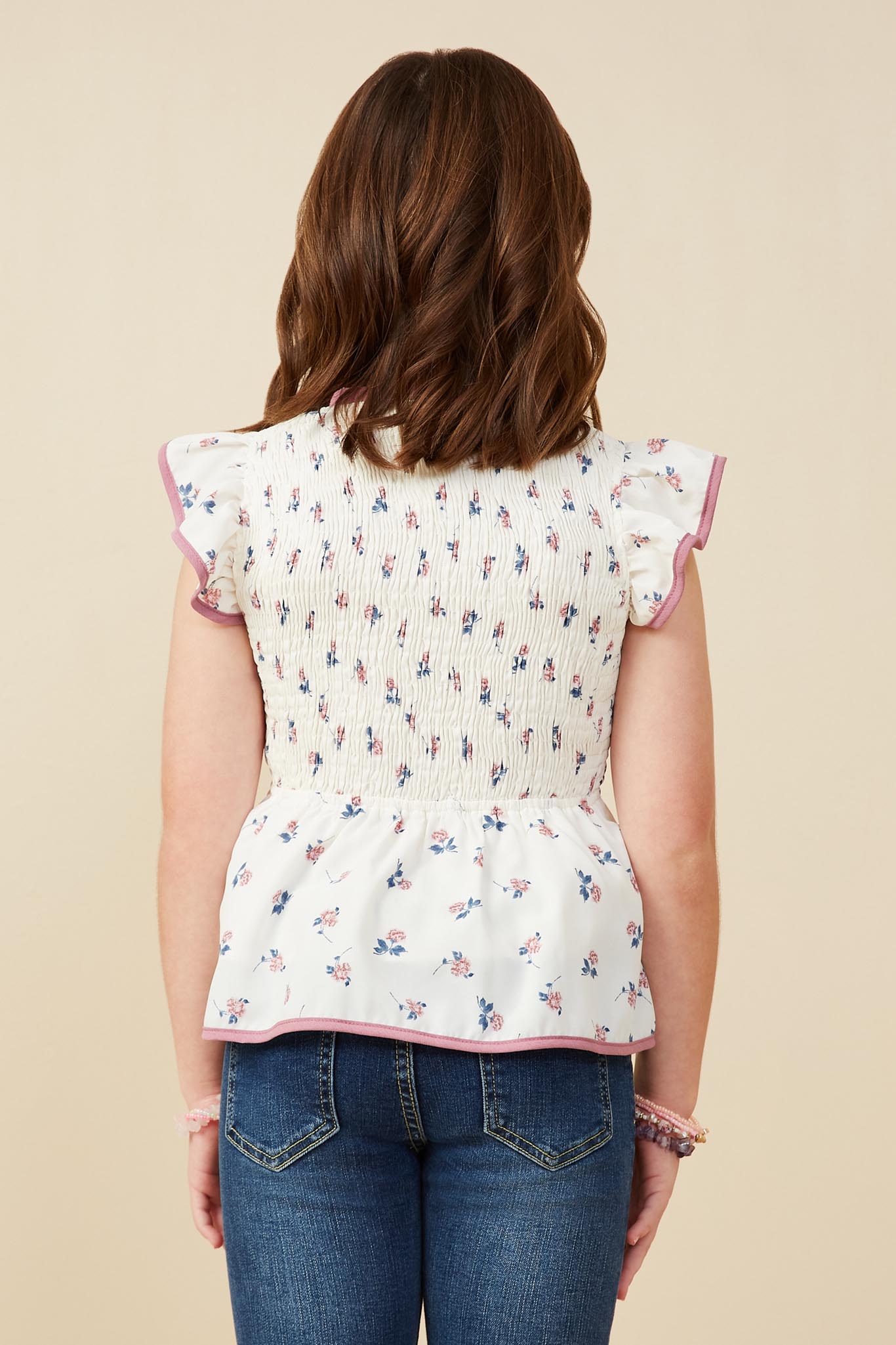 GY9198 Off White Girls Contrast Piped Smocked Ditsy Floral Top Back