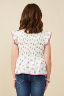 GY9198 Off White Girls Contrast Piped Smocked Ditsy Floral Top Back