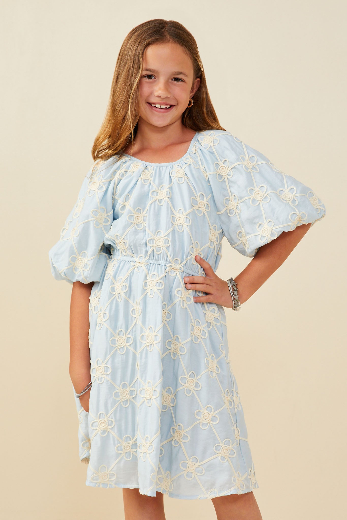GY9199 Blue Girls Floral Embroidered Puff Sleeve V Neck Dress Pose