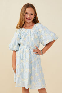 GY9199 Blue Girls Floral Embroidered Puff Sleeve V Neck Dress Pose